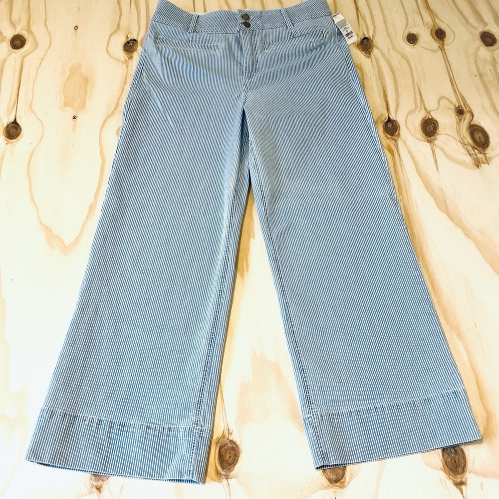 Women's 14 Cropped Pants  Blue White Stripe Casual Summer Beach Stretch Waist